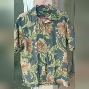 Polo Ralph Lauren Floral Men's Shirt Medium Blue Vintage Camp Cotton Linen